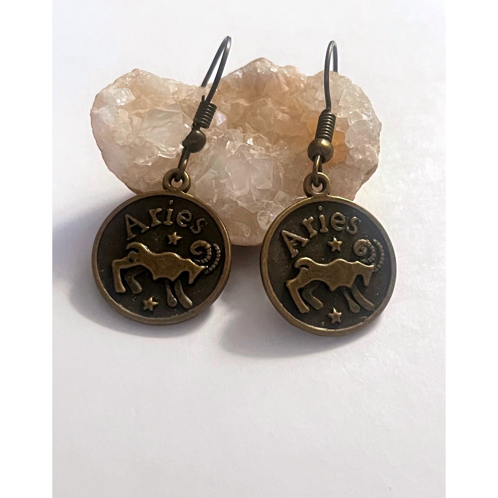 Aries Ram Zodiac Sign Stamped Bronze Metal Astrology Boho Pendant Earrings -New